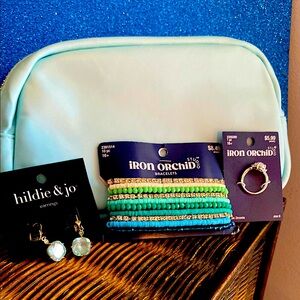 Hildie & Jo Earrings and Iron Orchid Rings with Beaded Bracelets & accessory bag